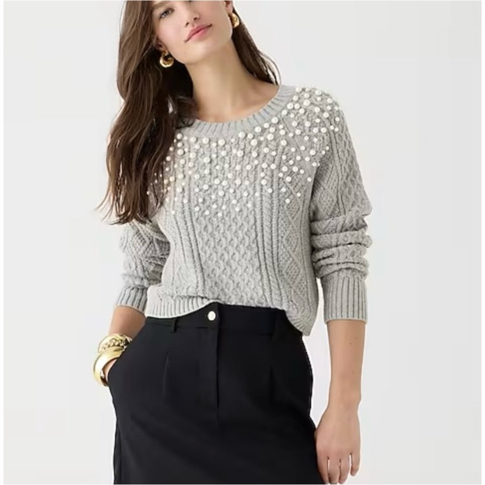 NWT J.Crew Pearl Embellished cotton cable-knit sweater sz S